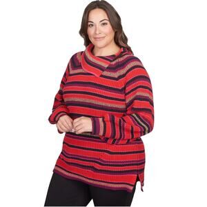Ruby Rd Women's Plus Split Cowl Neck Oversized Sweater Red Gold Metallic Stripe
